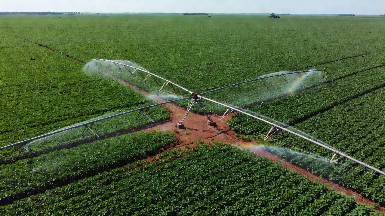 Irrigação agrícola em lavoura de soja no Brasil
