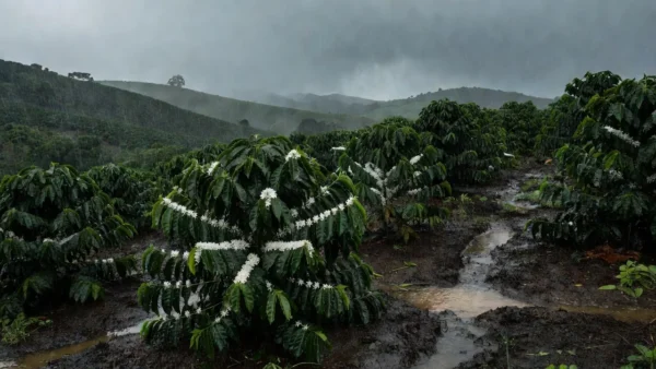 Plantação de café no Cerrado Mineiro com chuvas e nova florada