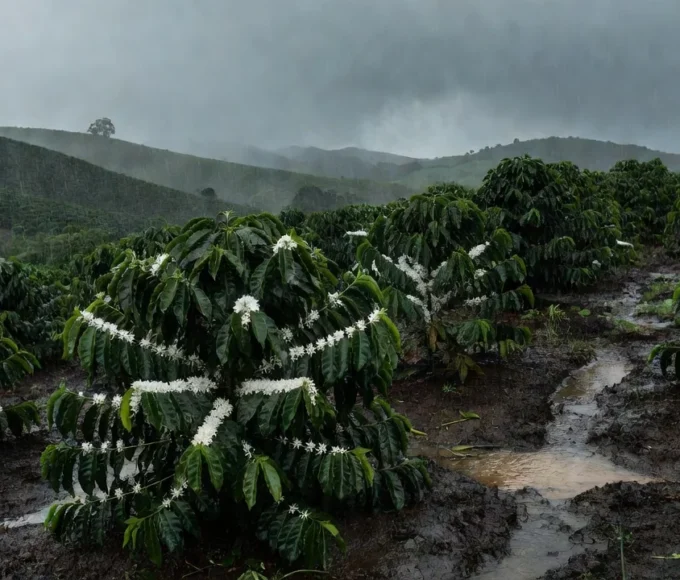 Plantação de café no Cerrado Mineiro com chuvas e nova florada