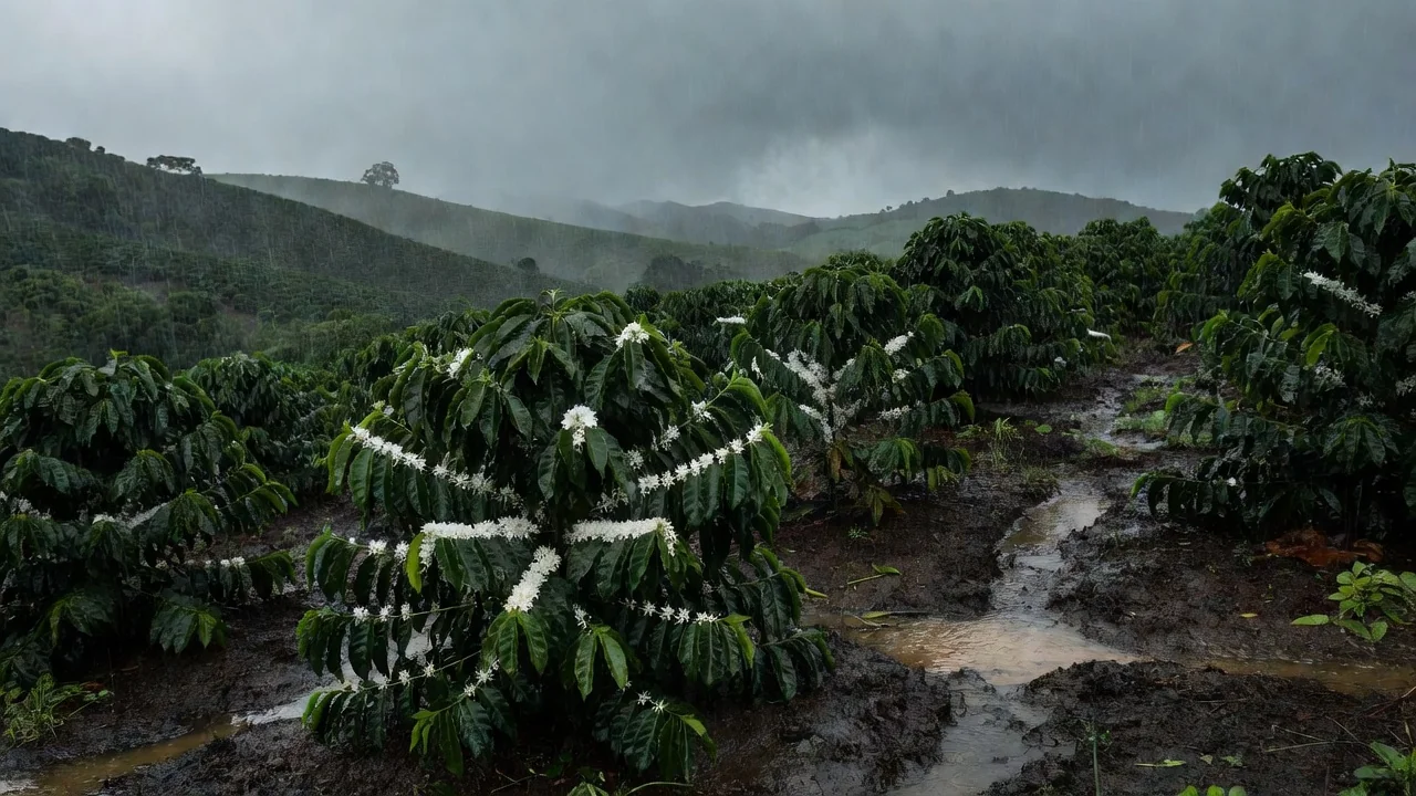 Plantação de café no Cerrado Mineiro com chuvas e nova florada