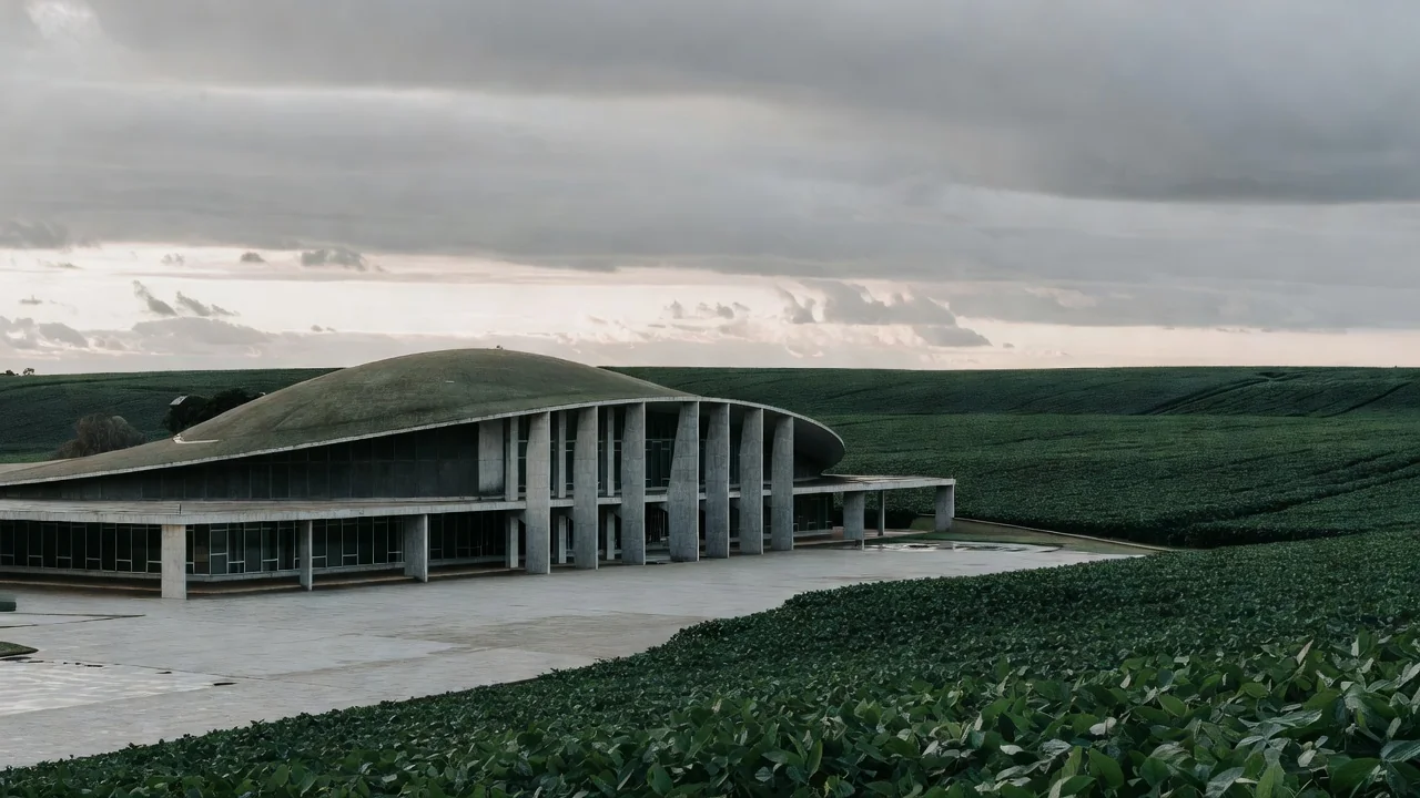 Prédio do STF em Brasília com lavouras de soja ao fundo, crise no agronegócio