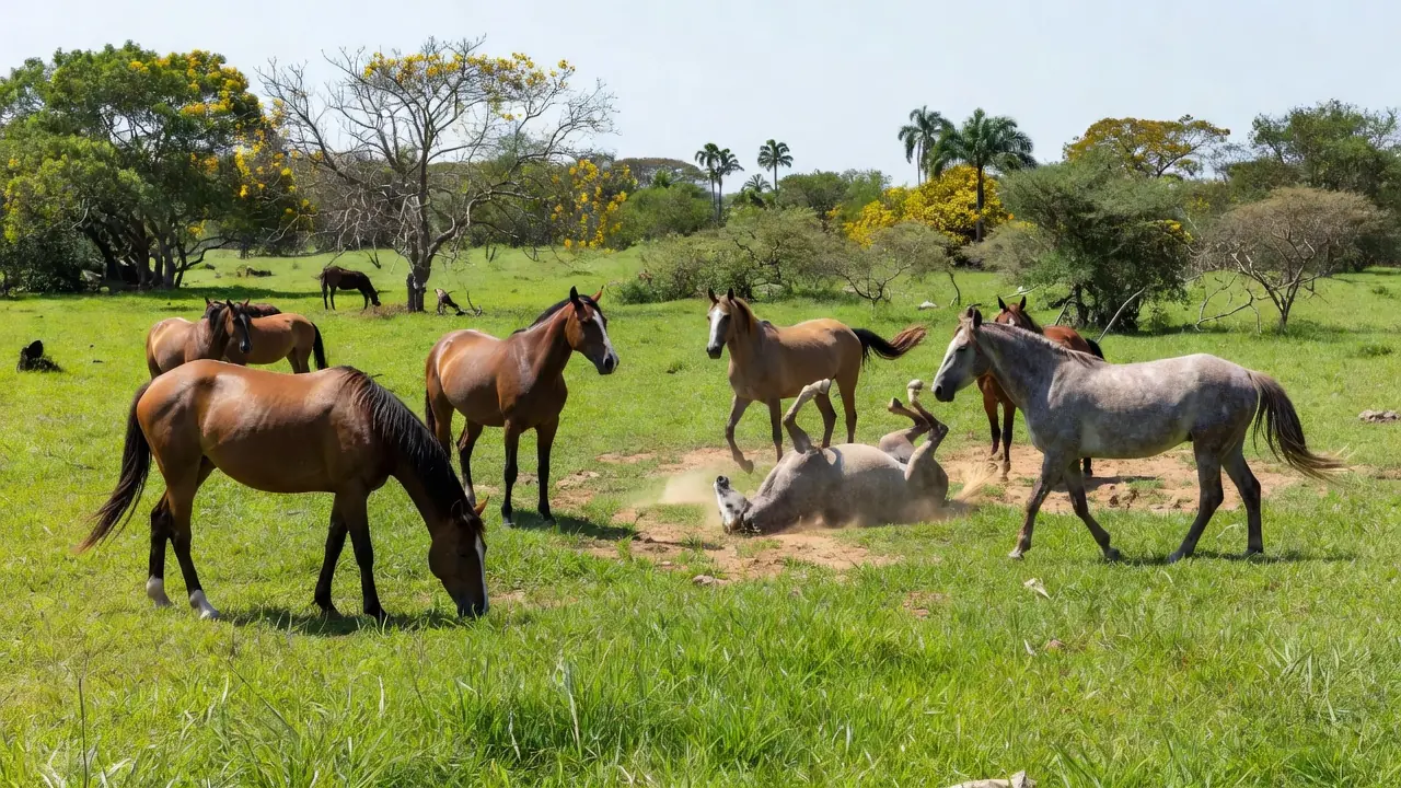 Cavalos em fazenda brasileira representando pesquisa sobre manejo e personalidade equina