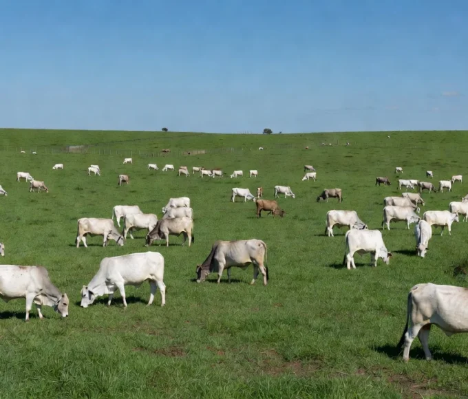 Rebanho bovino em pastagem no Brasil representando exportação de carne bovina