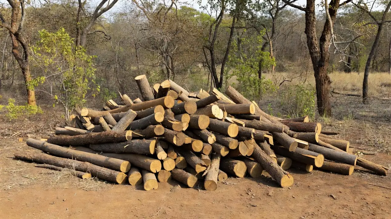Toras de madeira empilhadas em área rural brasileira, roubo ilegal investigado pela Polícia Federal na Embrapa