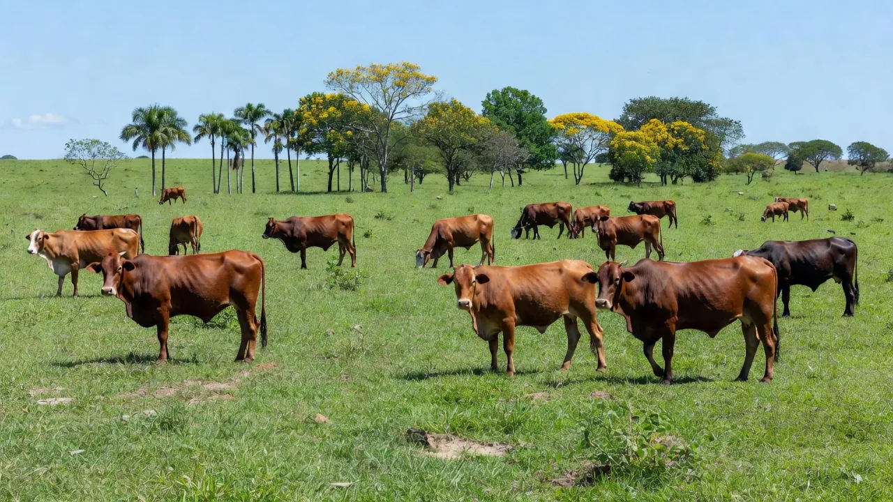 Rebanho de bovinos da raça Bravon em pastagem brasileira