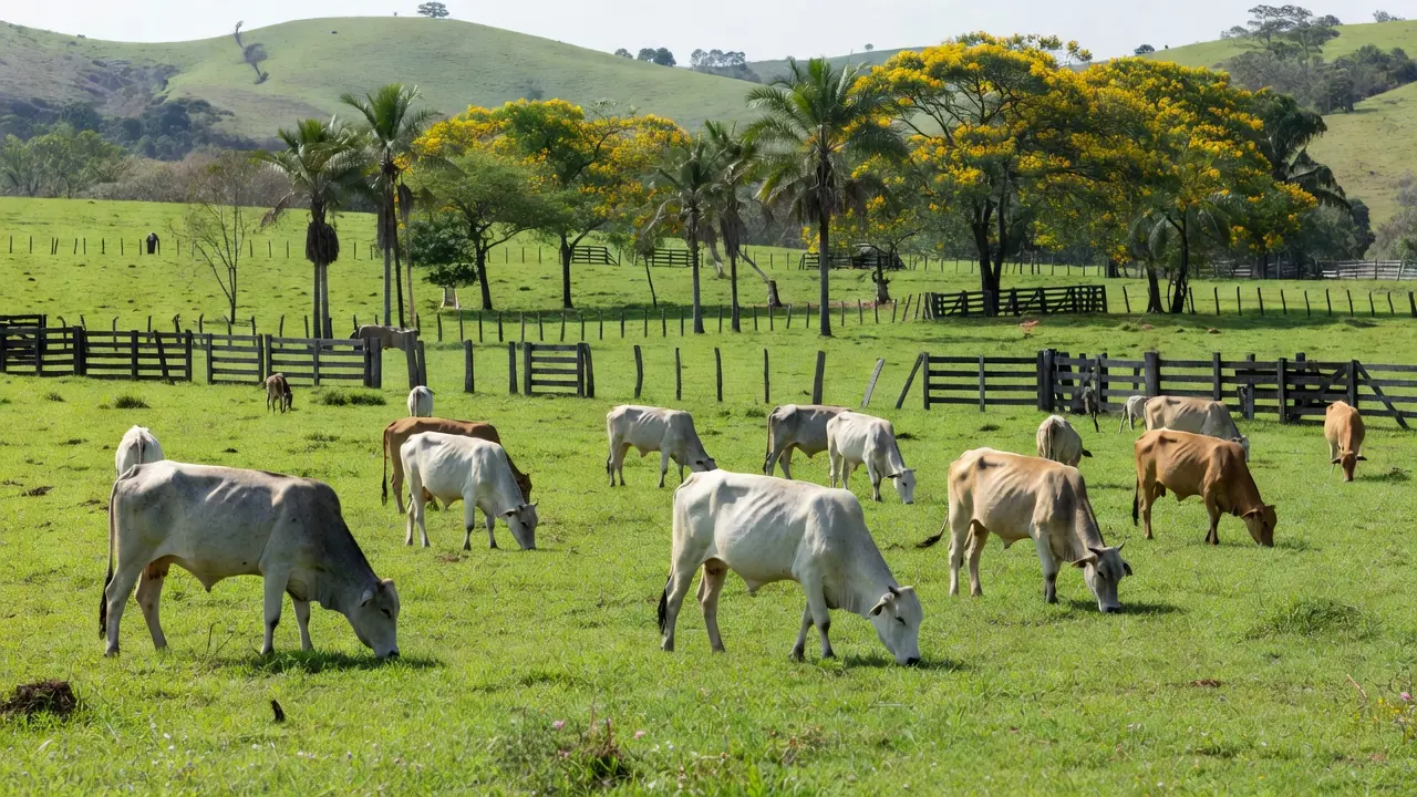 Rebanho de bovinos em pastagem no interior do Brasil