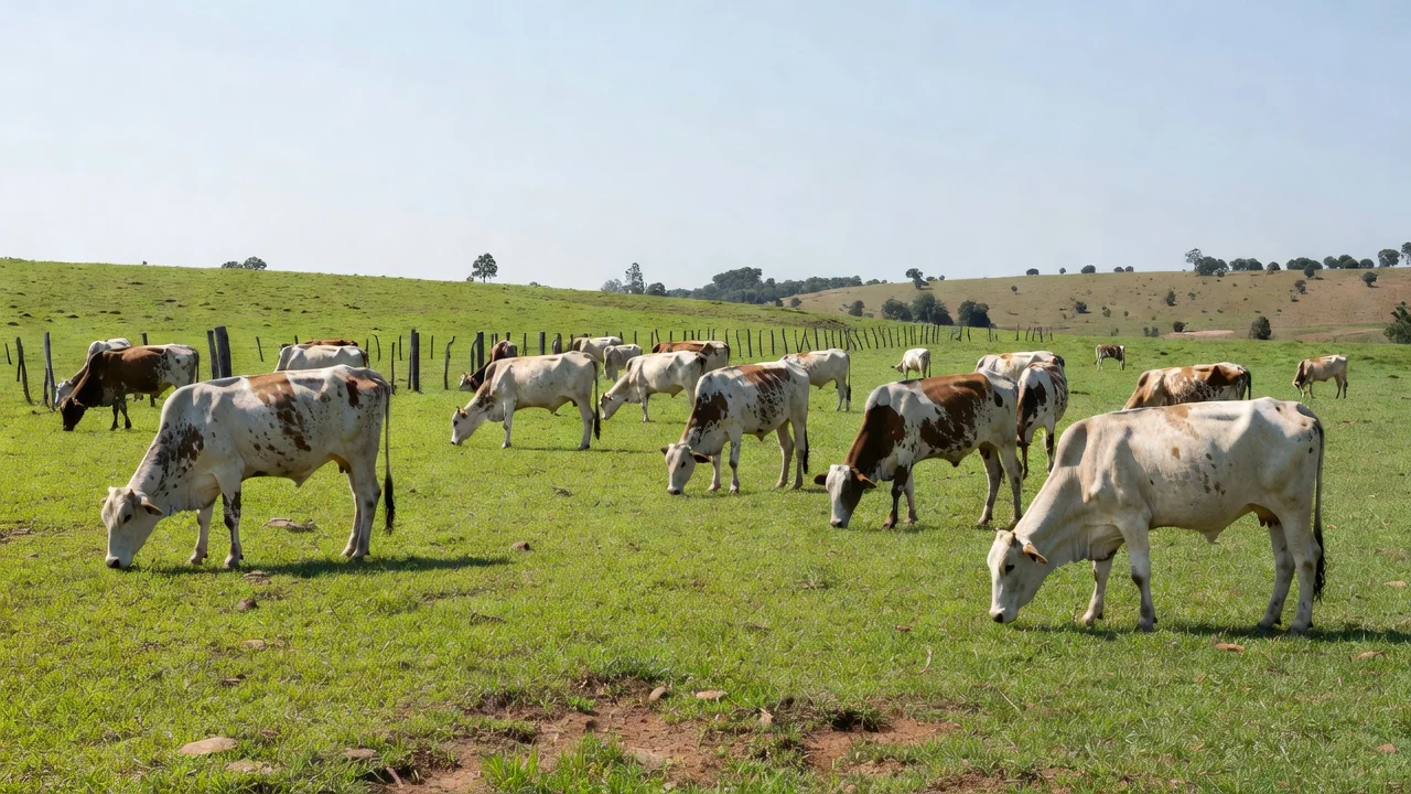 Rebanho de vacas Girolando em fazenda brasileira representando liderança em genética