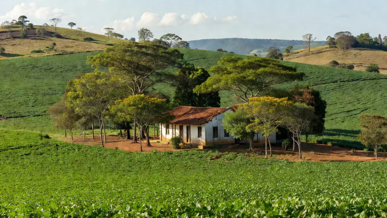 Fazenda preservada com plantações de soja no Brasil