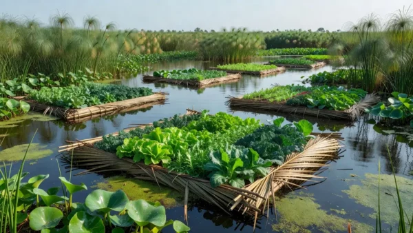 Agricultores constroem lavouras que flutuam para continuar produzindo durante as enchentes