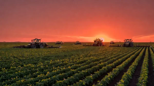 Lavoura de soja no Brasil com equipamentos de agricultura de precisão sob céu com atividade solar