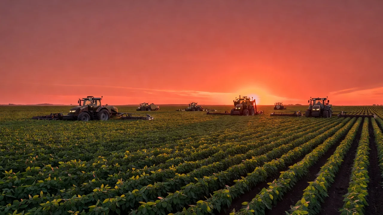 Lavoura de soja no Brasil com equipamentos de agricultura de precisão sob céu com atividade solar