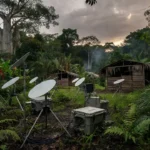 Antenas Starlink em área remota da Amazônia para transmissão de resultados eleitorais