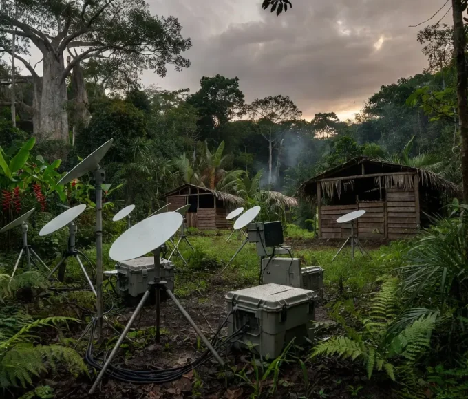 Antenas Starlink em área remota da Amazônia para transmissão de resultados eleitorais