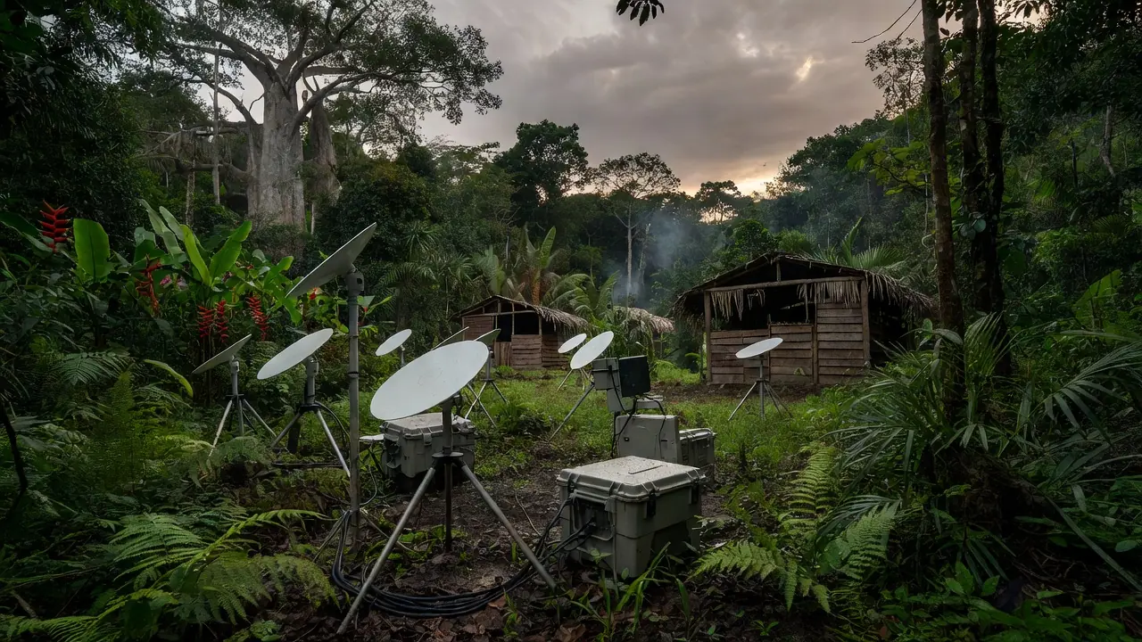 Antenas Starlink em área remota da Amazônia para transmissão de resultados eleitorais