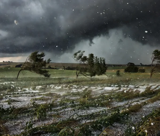 Tempestade com granizo e ventos fortes em paisagem do Paraná e Mato Grosso do Sul