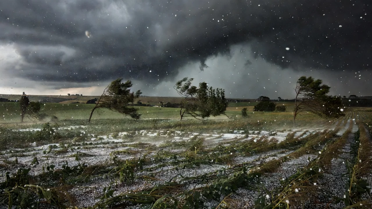 Tempestade com granizo e ventos fortes em paisagem do Paraná e Mato Grosso do Sul