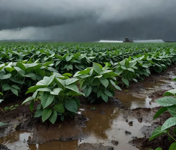 Lavoura de soja molhada após chuva no Brasil, tema reaplicação de defensivos