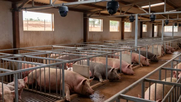 Câmeras de IA monitorando porcas em granja brasileira para previsão de partos