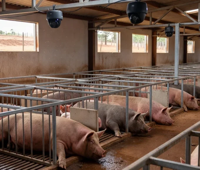Câmeras de IA monitorando porcas em granja brasileira para previsão de partos