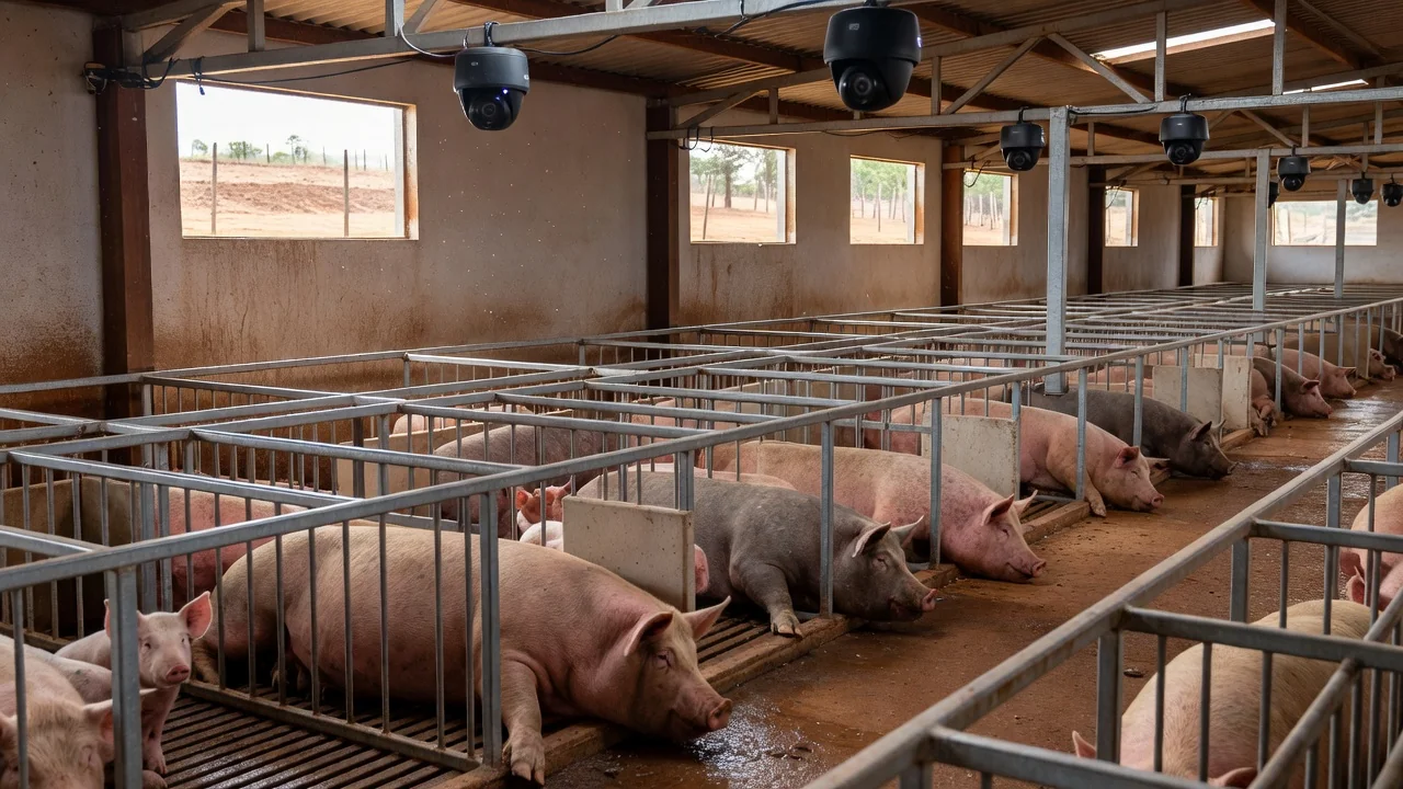 Câmeras de IA monitorando porcas em granja brasileira para previsão de partos