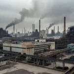 Área industrial com fábricas e chaminés simbolizando superprodução
