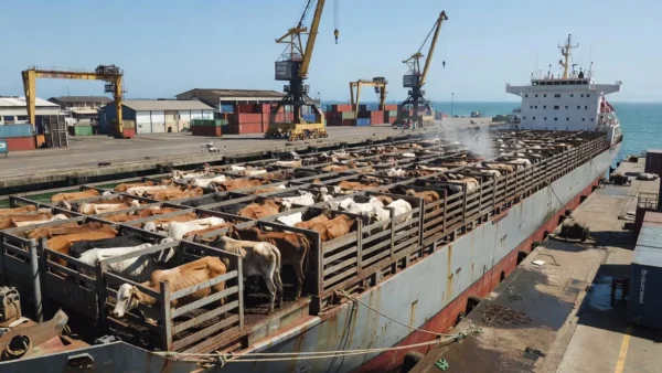 Navio com bovinos vivos em porto brasileiro para exportação