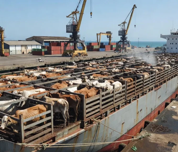 Navio com bovinos vivos em porto brasileiro para exportação