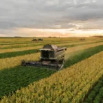 Colheitadeira em lavoura de soja no Rio Grande do Sul durante a colheita