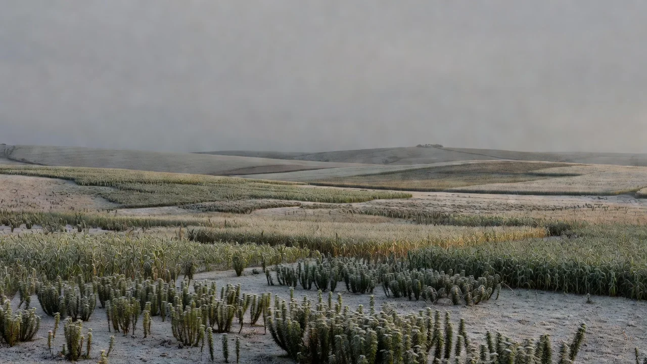 Paisagem do Sul do Brasil com geada por massa de ar polar