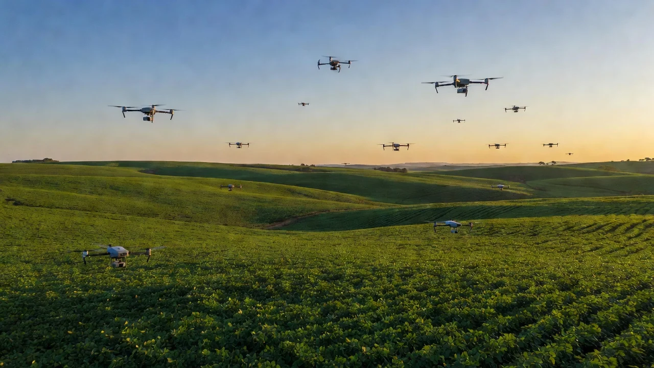 Drones agrícolas sobrevoando plantação de soja no Brasil
