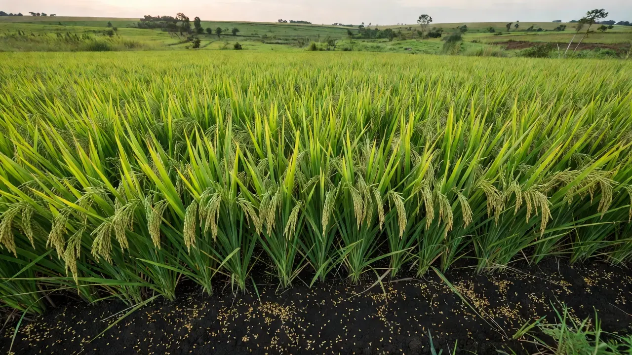 Campo de arroz no Brasil com sementes tratadas por radiação UV-B para maior produtividade