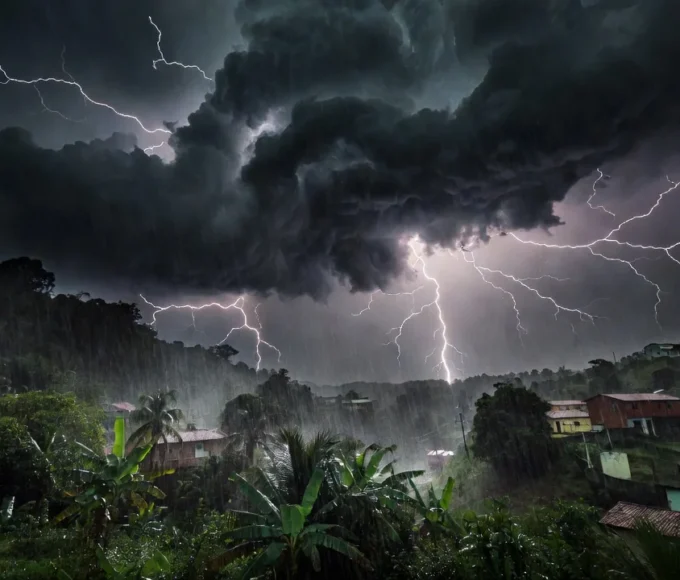 Tempestade com raios e nuvens escuras sobre o Sul e Sudeste do Brasil