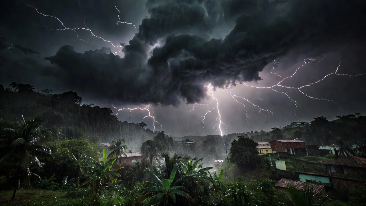 Tempestade com raios e nuvens escuras sobre o Sul e Sudeste do Brasil
