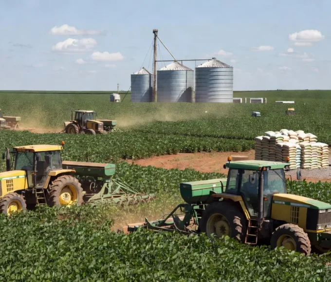 Lavoura de soja no Brasil com tratores, silos e fertilizantes