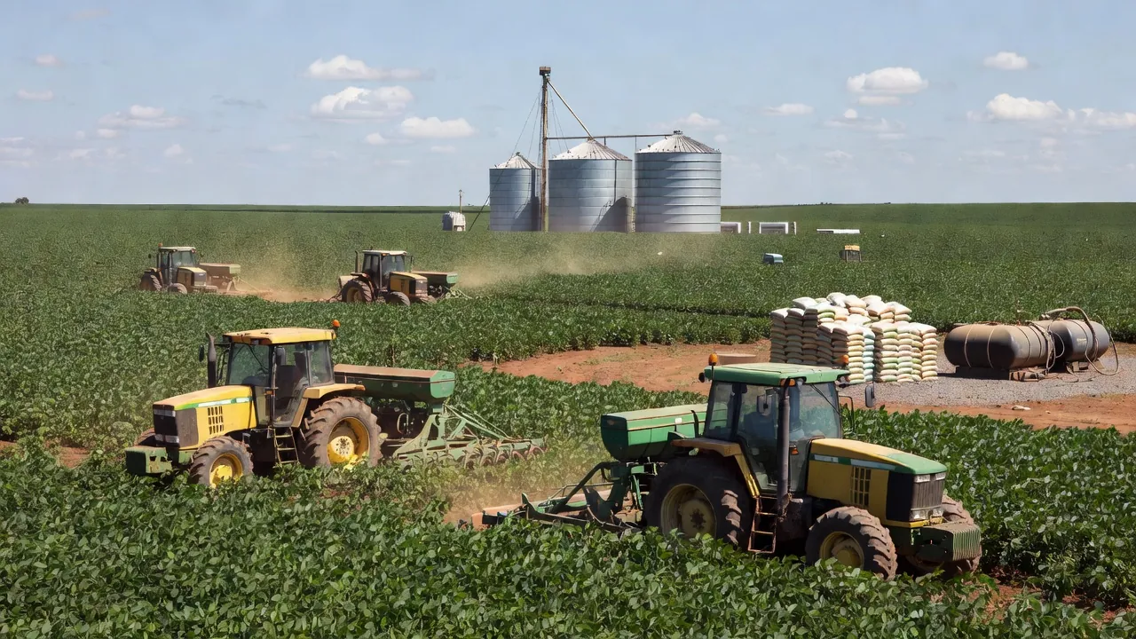 Lavoura de soja no Brasil com tratores, silos e fertilizantes